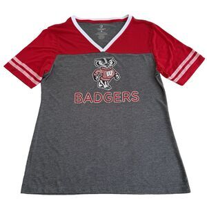 Wisconsin Badgers Colosseum Women's Short Sleeve T-Shirt Gray Vneck Size Large
